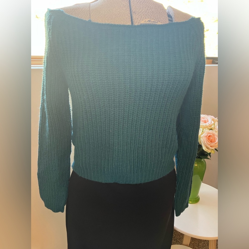 Off shoulder, crop length blue sweater by Miracle. NWT.